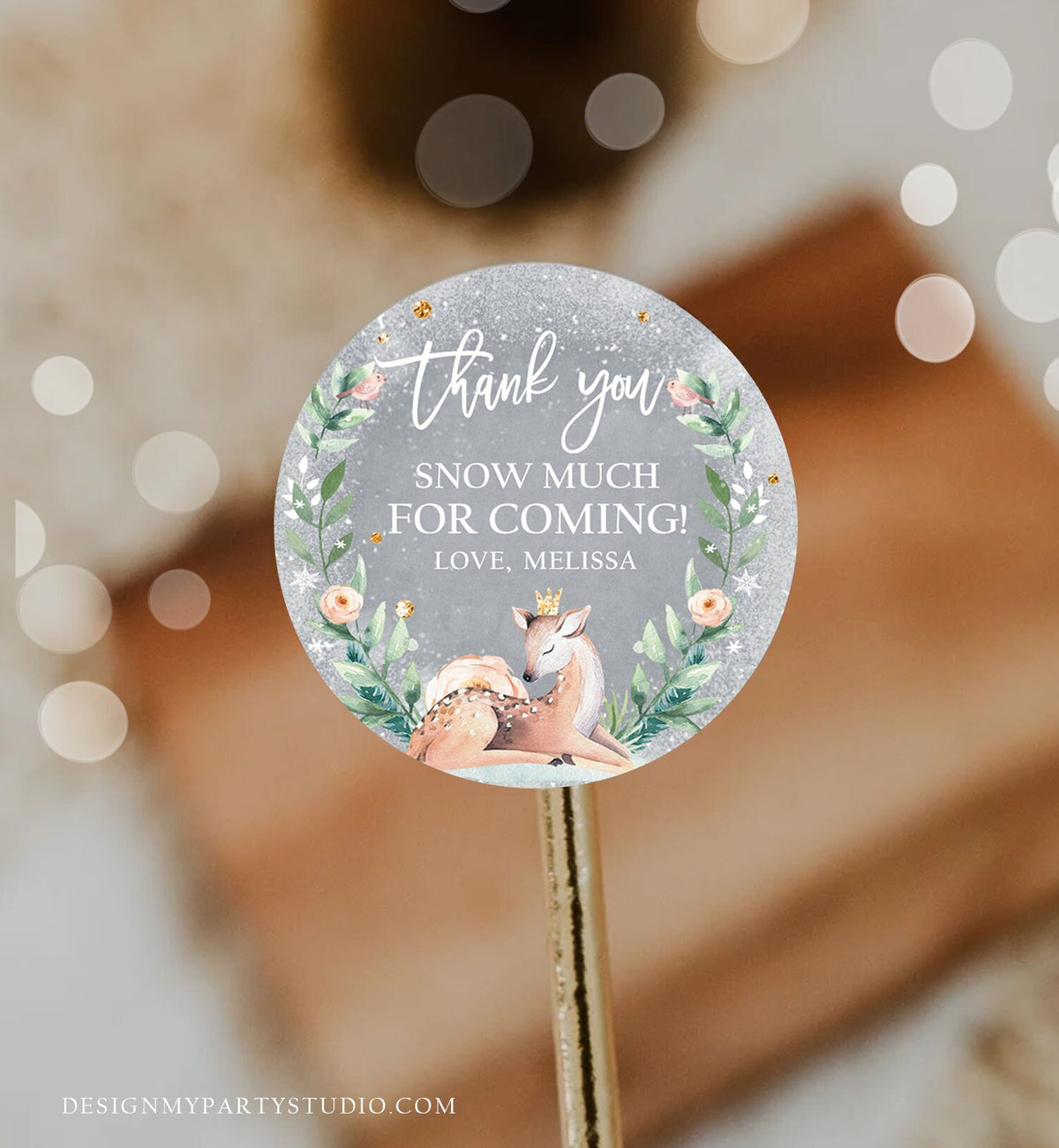 Editable Winter Deer Favor Tag Winter Onederland Birthday Snowflakes Thank You Christmas Winter Gold Girl Digital Template Printable 0265
