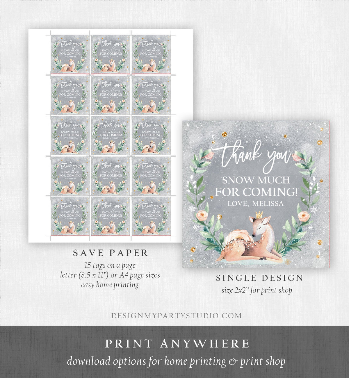 Editable Winter Deer Favor Tag Winter Onederland Birthday Snowflakes Thank You Christmas Winter Gold Girl Digital Template Printable 0265