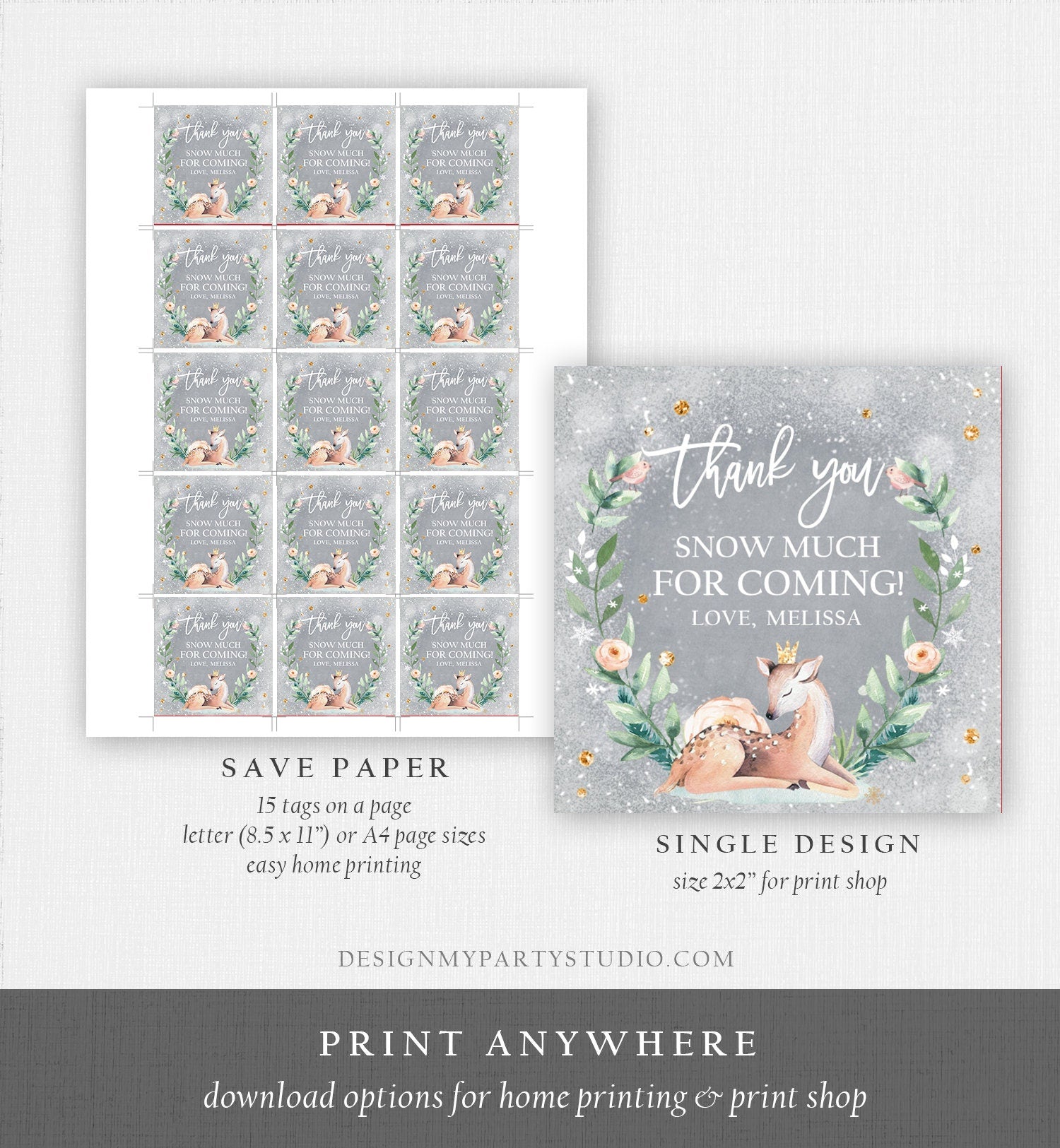 Editable Winter Deer Favor Tag Winter Onederland Birthday Snowflakes Thank You Christmas Winter Gold Girl Digital Template Printable 0265