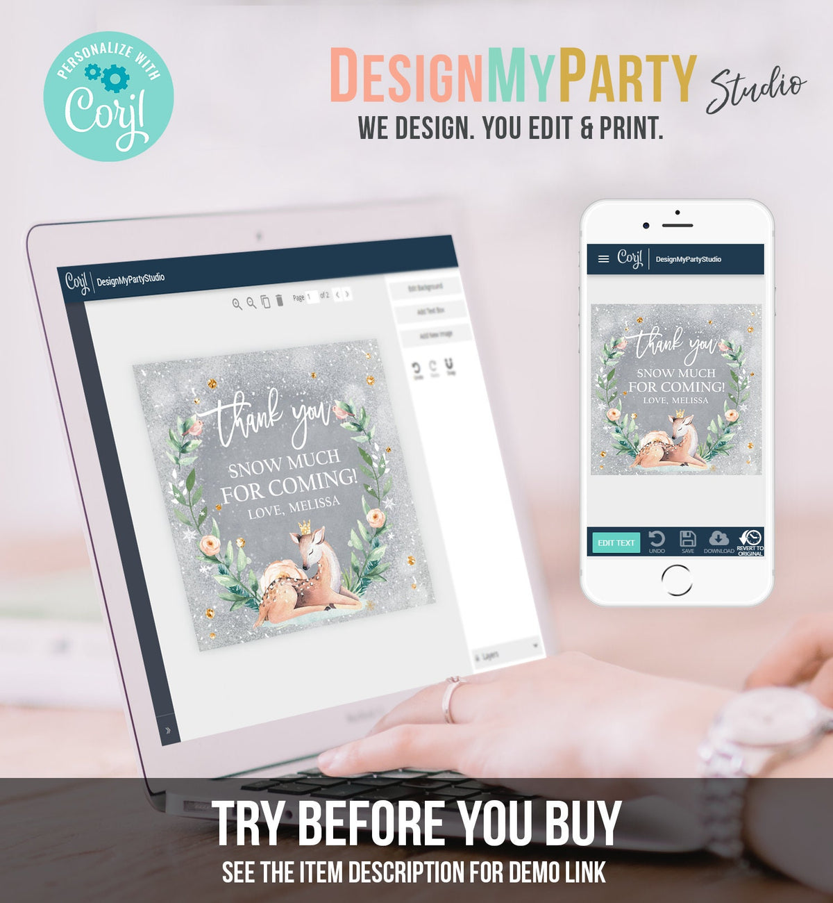 Editable Winter Deer Favor Tag Winter Onederland Birthday Snowflakes Thank You Christmas Winter Gold Girl Digital Template Printable 0265