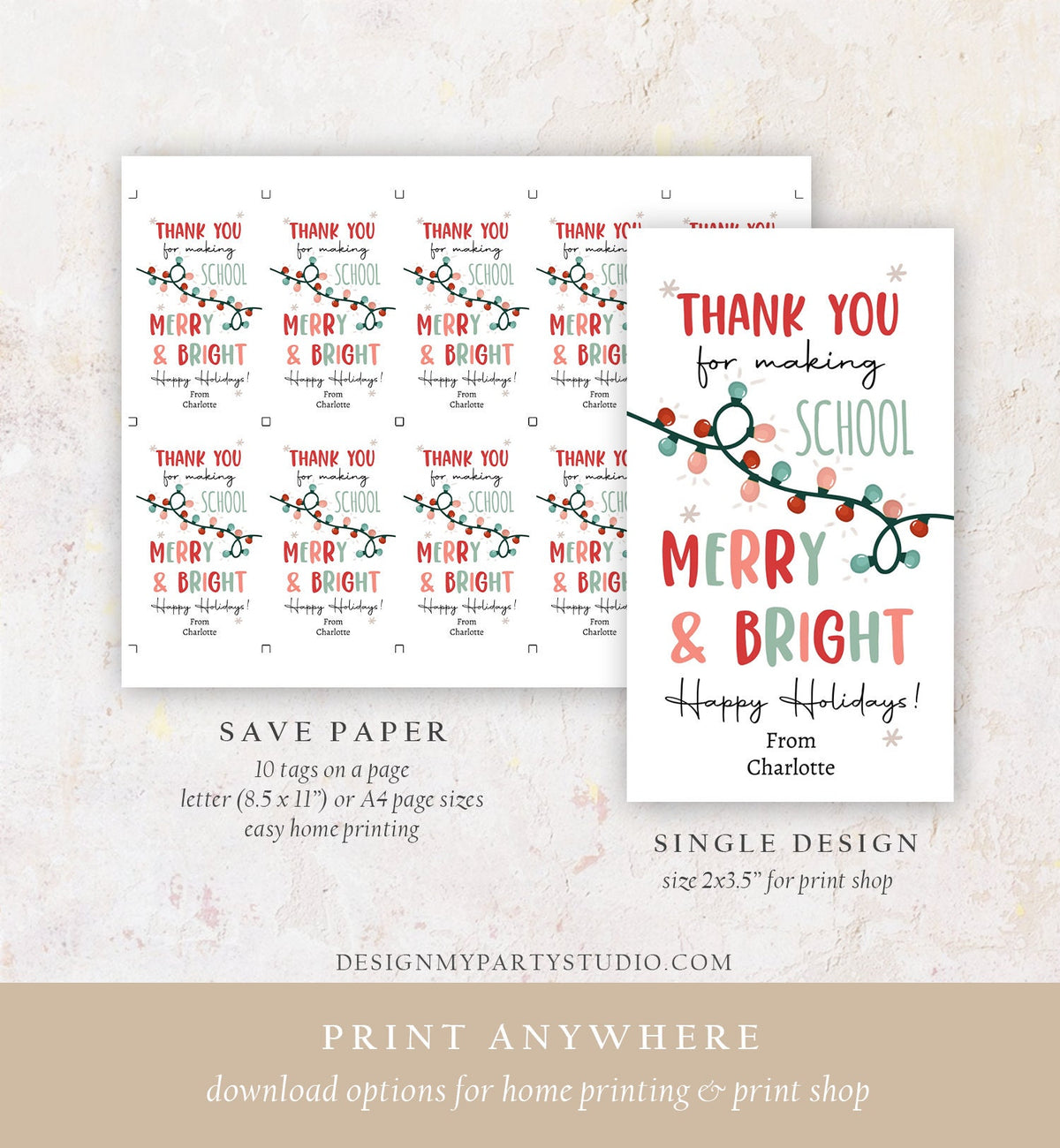 Editable Thank You for Making School Merry And Bright Gift Tags Teacher Christmas Tag Holiday Kids School Lights Tag Printable Corjl 0443