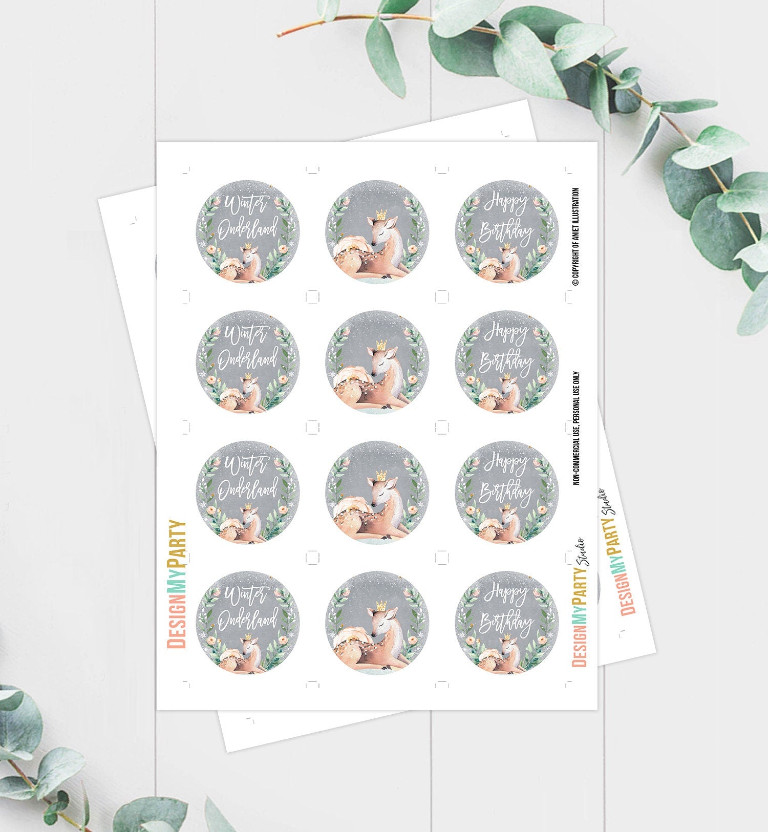 Winter Deer Cupcake Toppers Winter Onederland Birthday Party Decorations Oh What Fun Girl Pink Stickers Tags Digital Download Printable 0265