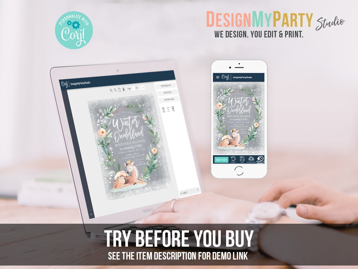 Winter Deer Birthday Bundle Winter ONEderland Girl Pink Gold 1st First Birthday Tree Snowflakes Watercolor Digital Template Printable 0265