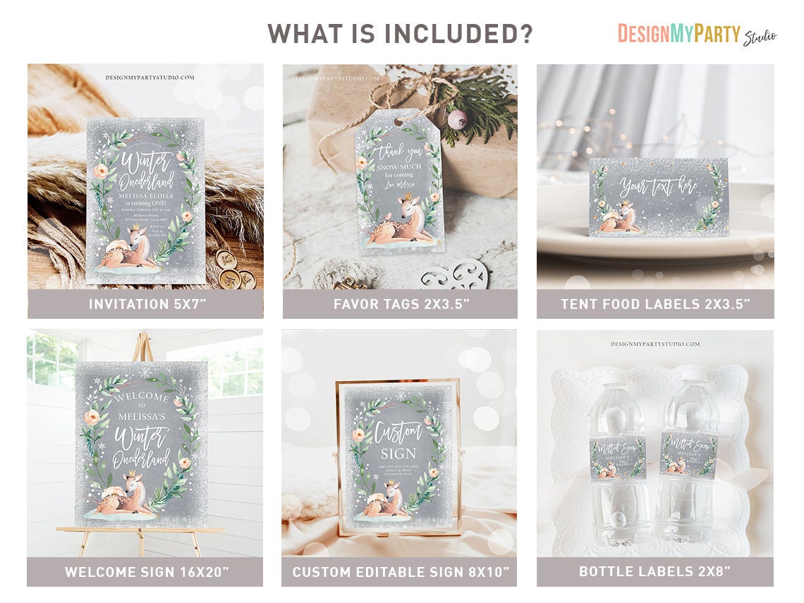 Winter Deer Birthday Bundle Winter ONEderland Girl Pink Gold 1st First Birthday Tree Snowflakes Watercolor Digital Template Printable 0265