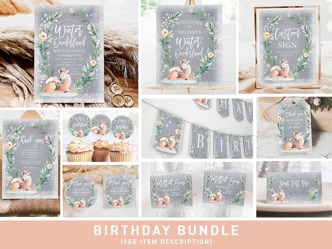 Winter Deer Birthday Bundle Winter ONEderland Girl Pink Gold 1st First Birthday Tree Snowflakes Watercolor Digital Template Printable 0265