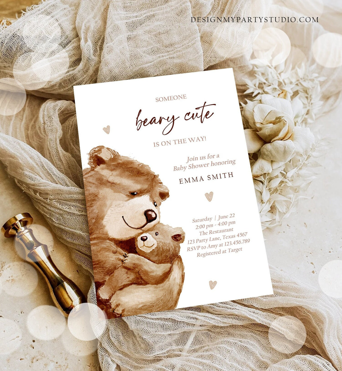 Editable We Can Bearly Wait Baby Shower Invitation Teddy Bear Gender Neutral Brown Boho Watercolor Printable Template Instant Download Evite