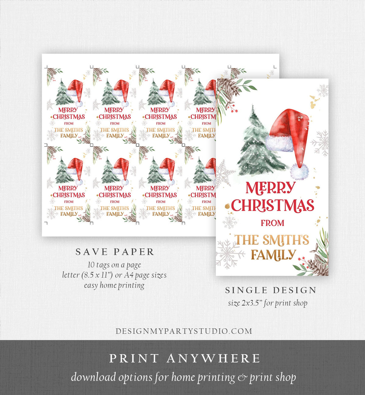 Editable Christmas Favor Tag Holiday Gift Tags Merry Christmas Santa Hat Elf Holiday Labels Digital Download Template Printable 0443 0444