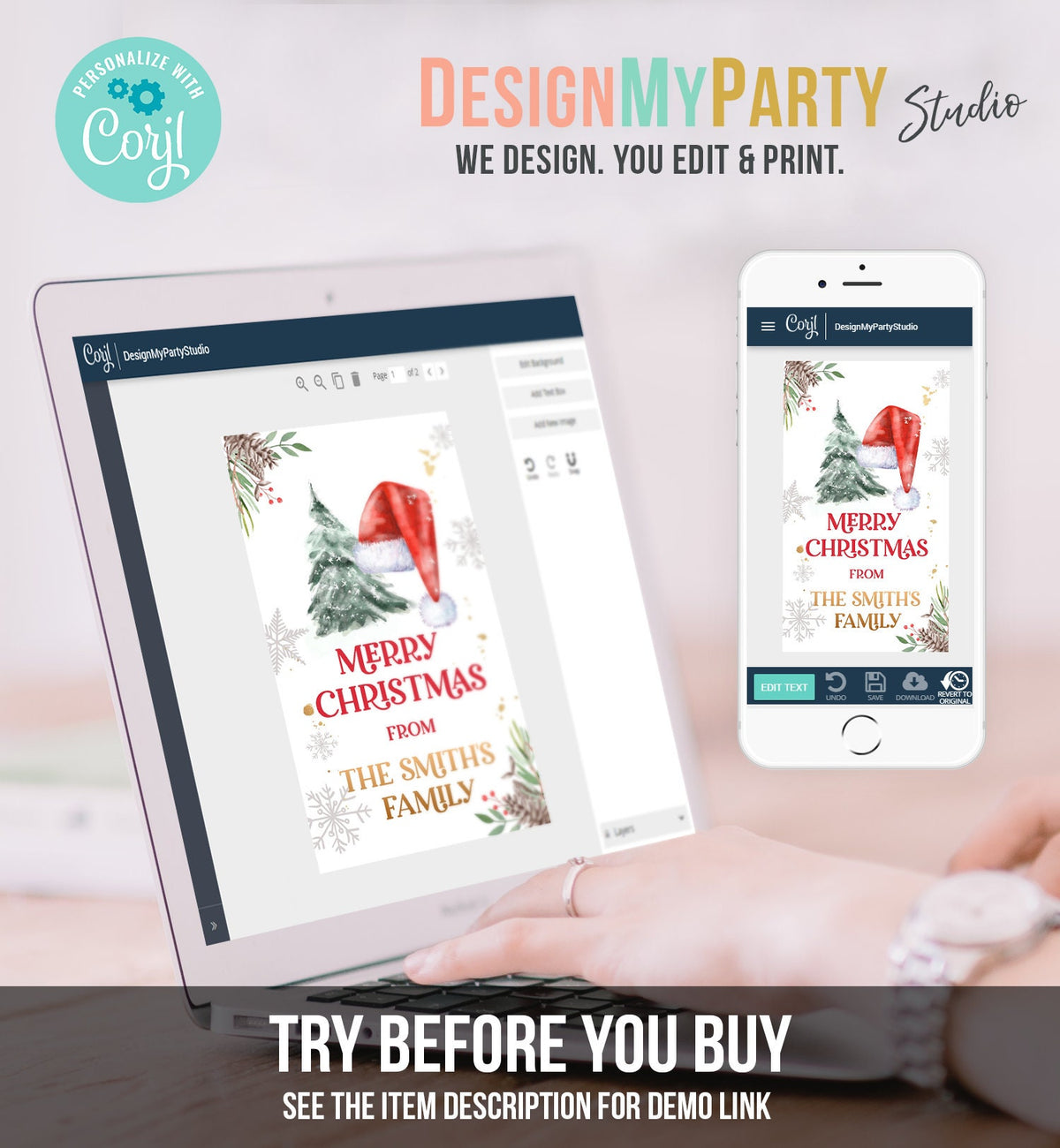Editable Christmas Favor Tag Holiday Gift Tags Merry Christmas Santa Hat Elf Holiday Labels Digital Download Template Printable 0443 0444