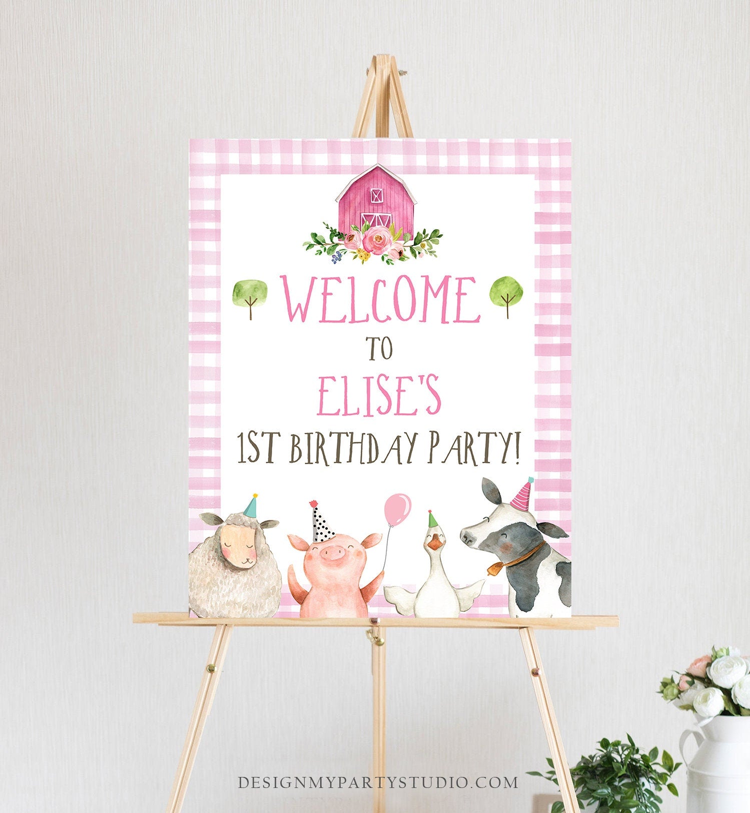 Editable Farm Animals Welcome Sign Girl First Birthday Welcome Sign Party Animals Decor Girl Pink Gingham Template Corjl PRINTABLE 0155