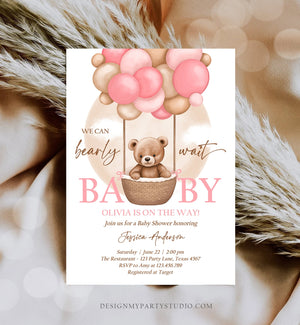 Editable Bear Balloon Baby Shower Invitation We Can Bearly Wait Baby Shower Invite Teddy Bear Brown Boho Girl Pink Download Corjl 0498