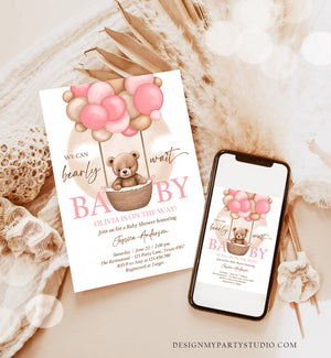 Editable Bear Balloon Baby Shower Invitation We Can Bearly Wait Baby Shower Invite Teddy Bear Brown Boho Girl Pink Download Corjl 0498