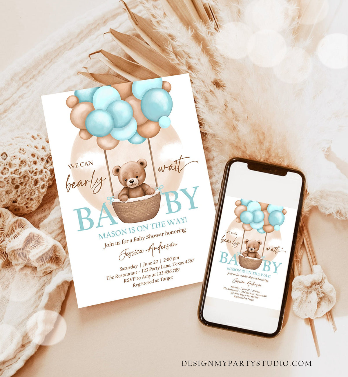 Editable Bear Balloon Baby Shower Invitation We Can Bearly Wait Baby Shower Invite Teddy Bear Brown Boho Boy Blue Download Printable 0498