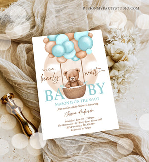Editable Bear Balloon Baby Shower Invitation We Can Bearly Wait Baby Shower Invite Teddy Bear Brown Boho Boy Blue Download Corjl 0498