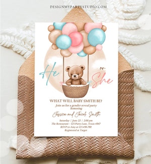 Editable He or She Bear Hot Air Balloon Gender Reveal Invitation Blue or Pink Bearly Wait Gender Neutral Boho Bear Brown Download Corjl 0498
