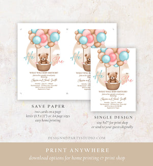 Editable He or She Bear Hot Air Balloon Gender Reveal Invitation Blue or Pink Bearly Wait Gender Neutral Boho Bear Brown Download Corjl 0498