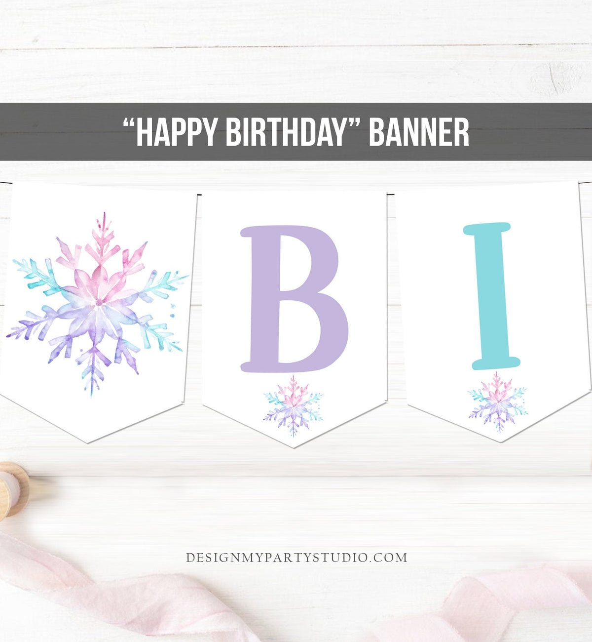 Happy Birthday Banner Winter Onederland Birthday Girl Snowflake Magical Winter Gold Pink Purple First Download PRINTABLE DIGITAL DIY 0494