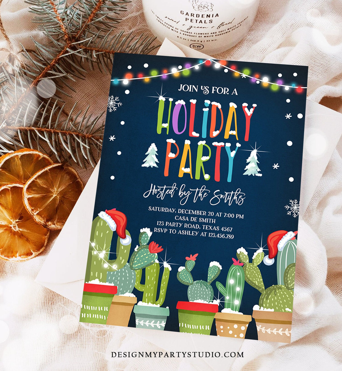 Editable Holiday Party Invitation Christmas Fiesta Cactus Mexican Holiday Feliz Navidad Xmas Party Digital Evite Template Printable 0273