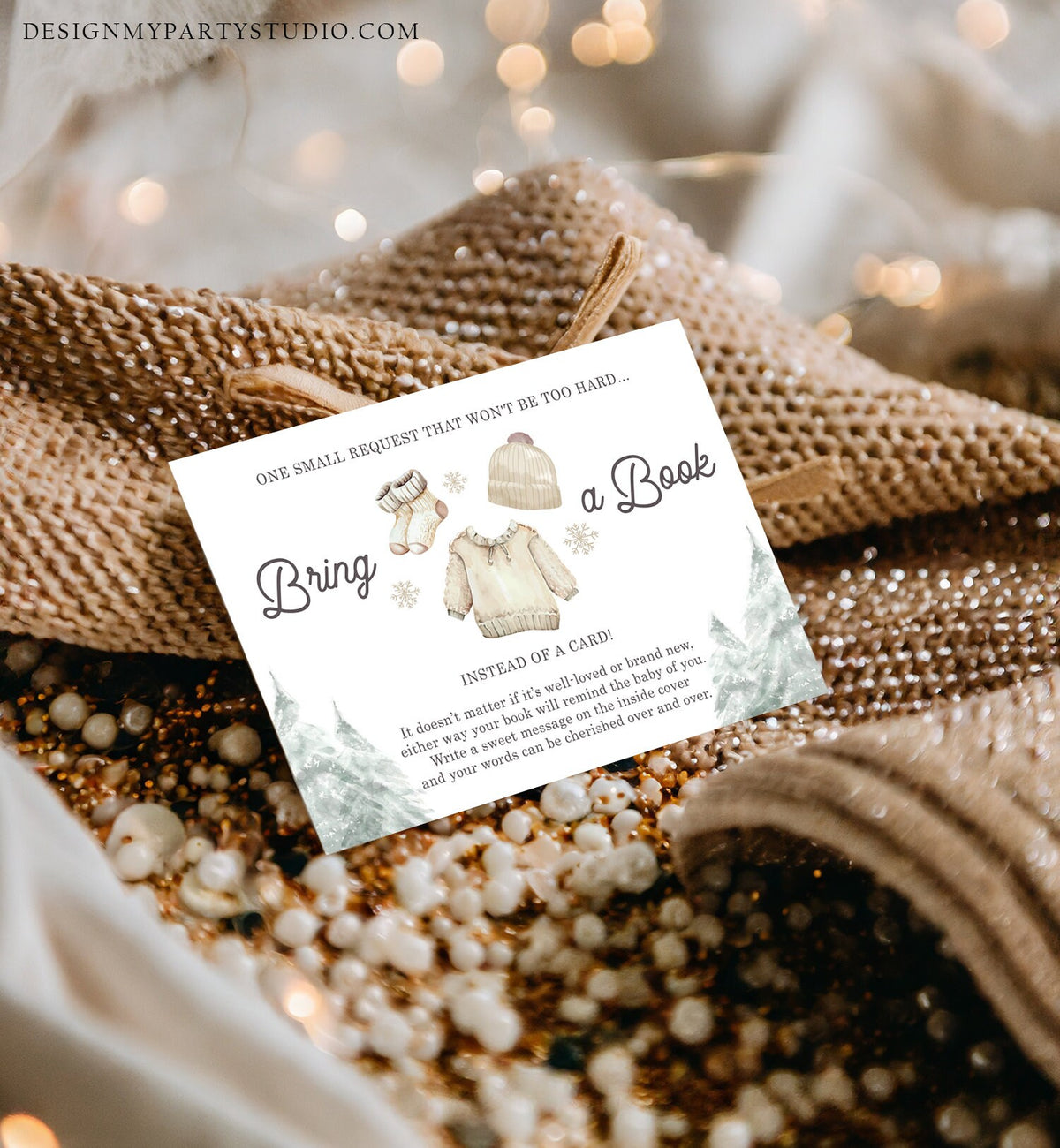 Editable Bring a Book Card Baby It&#39;s Cold Outside Baby Shower Winter Snow Gender Neutral Watercolor Request Corjl Template Printable 0491