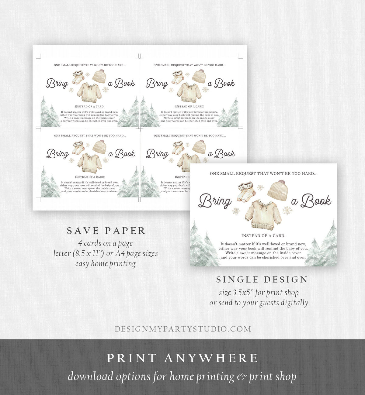 Editable Bring a Book Card Baby It&#39;s Cold Outside Baby Shower Winter Snow Gender Neutral Watercolor Request Corjl Template Printable 0491