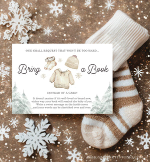 Editable Bring a Book Card Baby It's Cold Outside Baby Shower Winter Snow Gender Neutral Watercolor Request Corjl Template Printable 0491