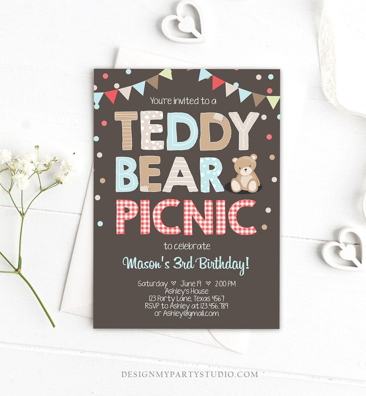 Editable Teddy Bear Picnic Birthday Invitation Boy Blue Brown Red Gingham Bear Picnic Outdoor First Birthday Digital Corjl Template 0100