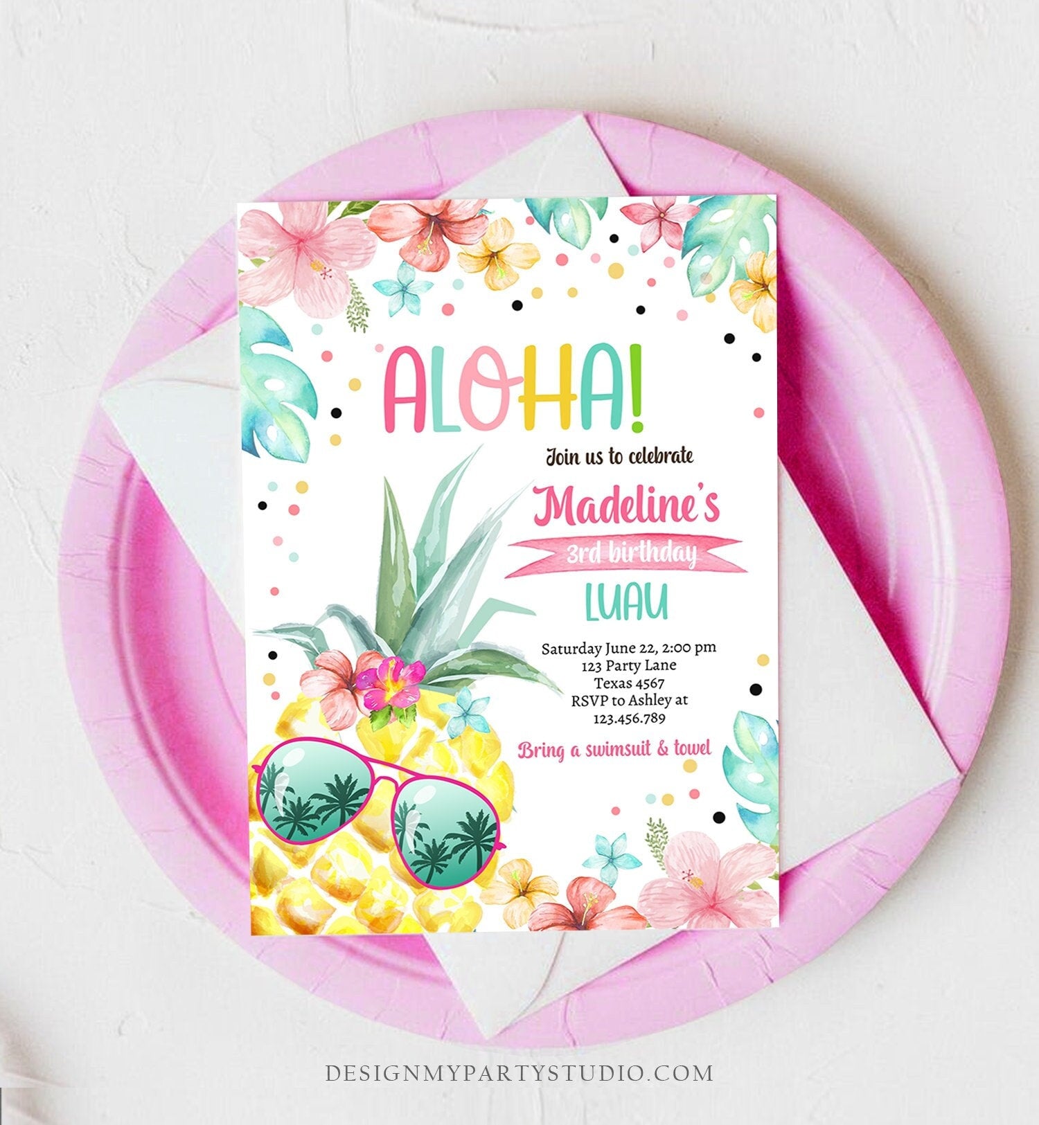 Editable Hawaiian Luau Birthday Invitation Pineapple Birthday Party Pool Party Pineapple Pink Girl Download Corjl Template Printable 0391