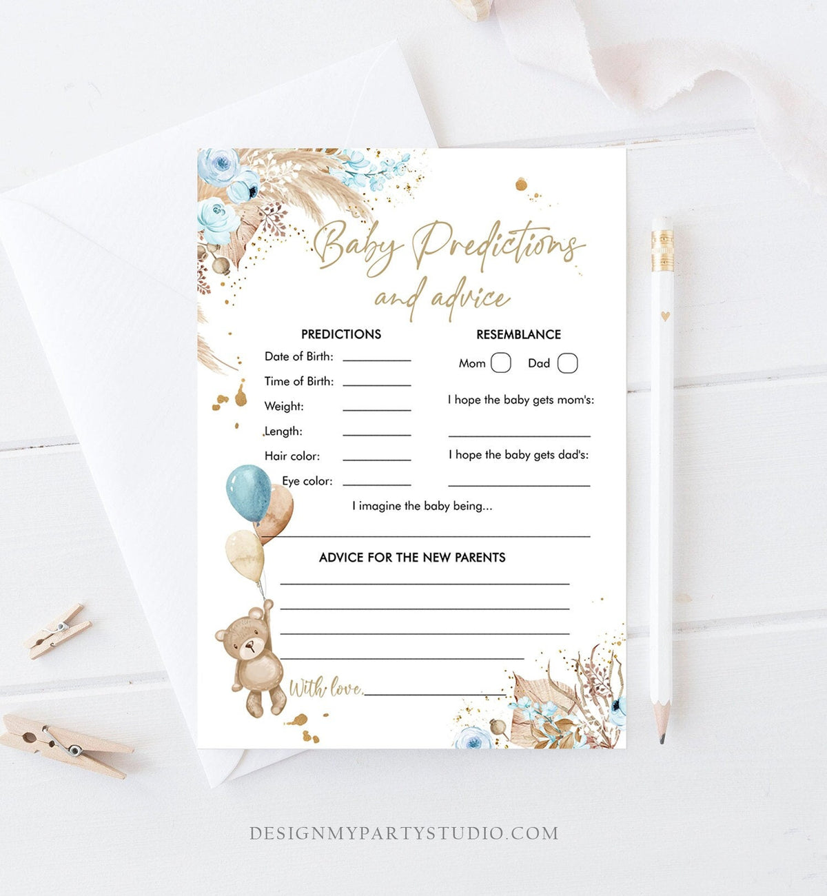 Editable Baby Predictions Baby Shower Game Advice for Parents Teddy Bear Boho Bearly Wait Activity Digital Download Template Printable 0421