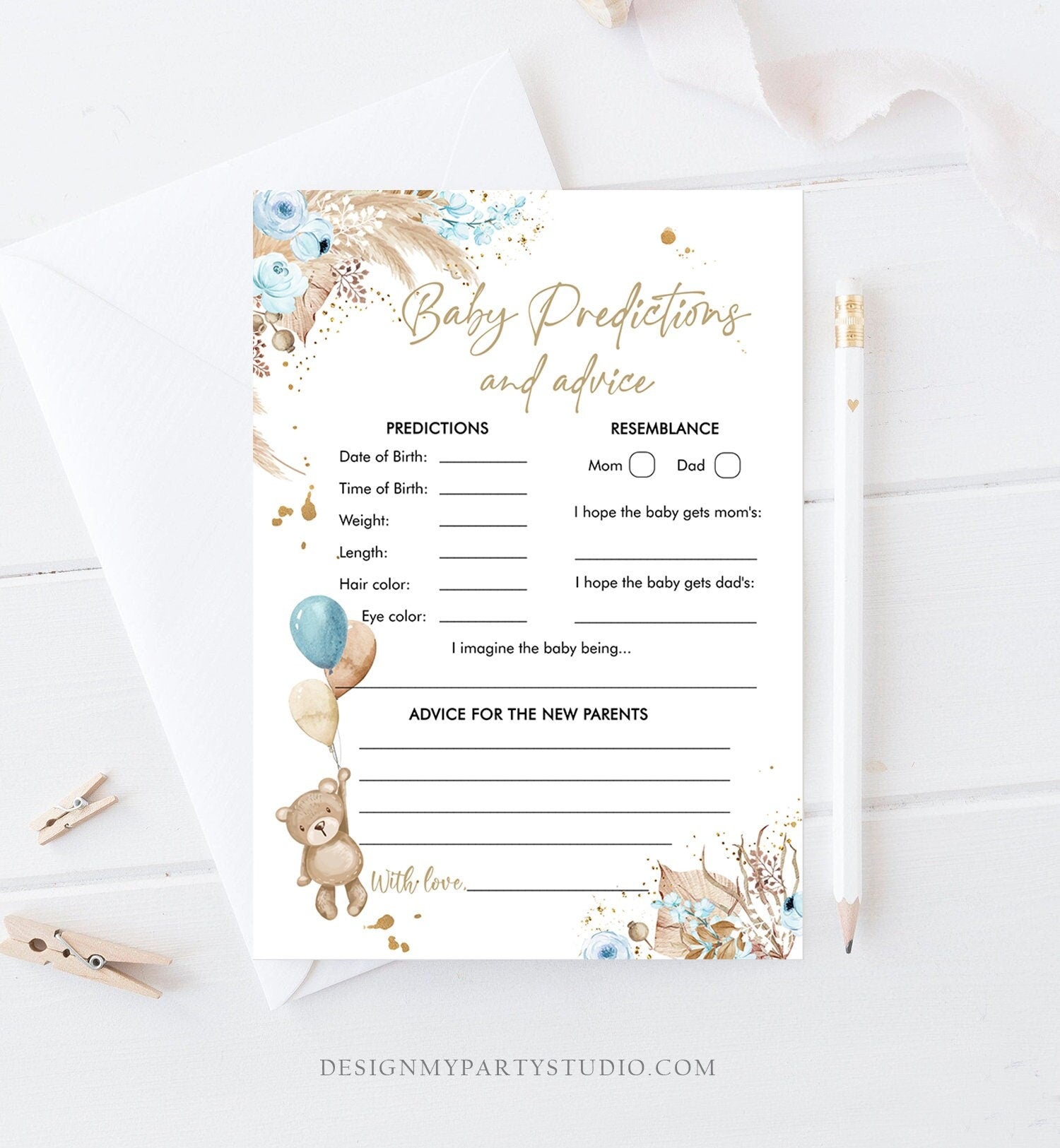 Editable Baby Predictions Baby Shower Game Advice for Parents Teddy Bear Boho Bearly Wait Activity Digital Download Template Printable 0421