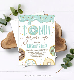 Editable Donut Grow Up Birthday Invitation First Birthday Party Blue Boy Doughnut 1st Pastel Instant Download Printable Template Corjl 0320