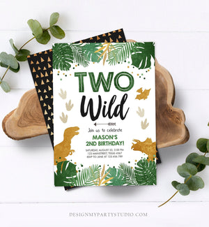 Editable Two Wild Birthday Invitation Dinosaur Dino Party Boy 2nd Second Birthday Green Gold In Two the Wild Corjl Template Printable 0146
