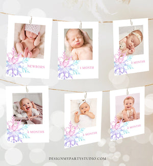 Editable Snowflake First Birthday Banner Monthly Photo Banner Winter Onederland Pink Purple Girl Year Pictures Corjl Template Printable 0494