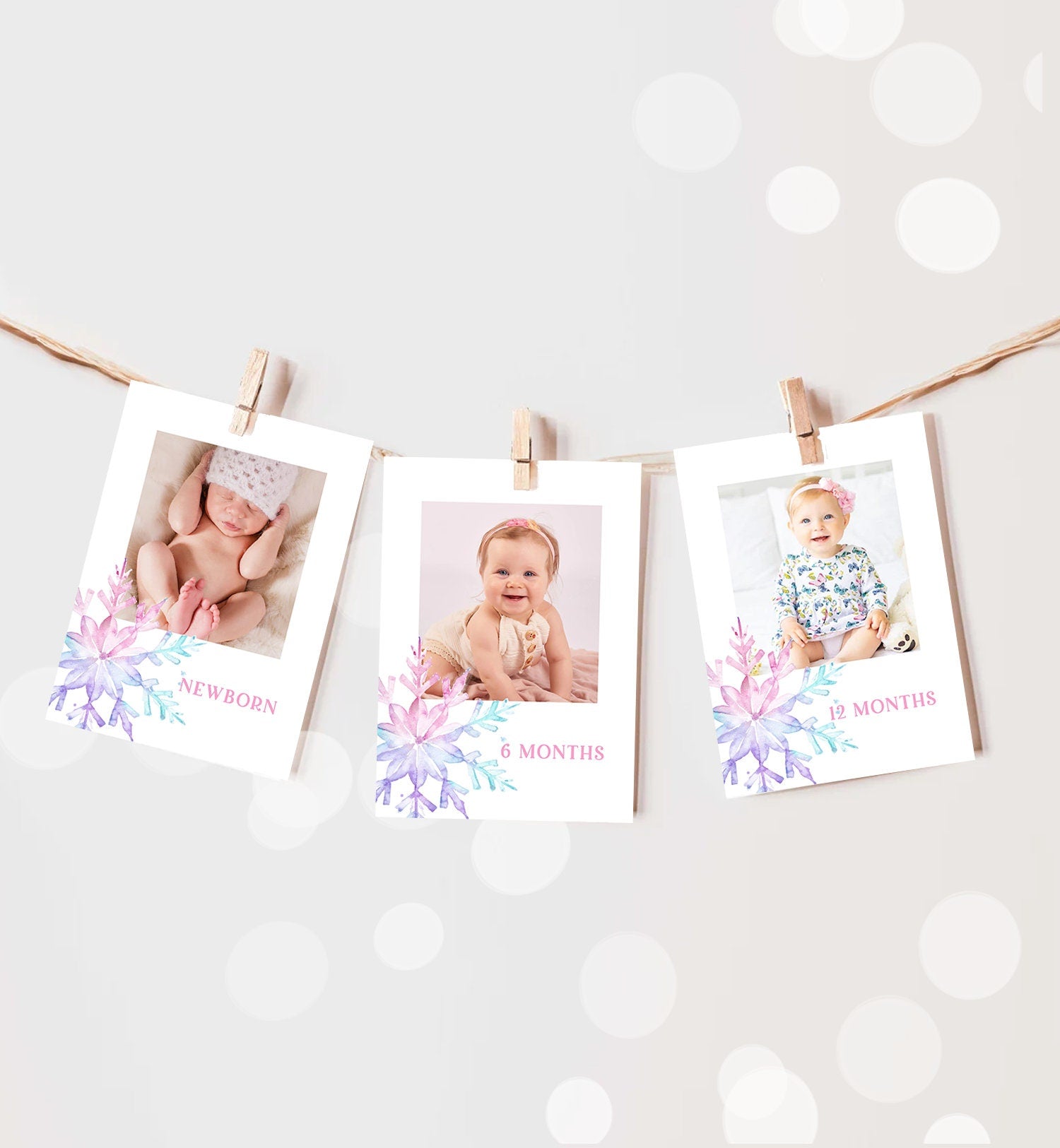 Editable Snowflake First Birthday Banner Monthly Photo Banner Winter Onederland Pink Purple Girl Year Pictures Corjl Template Printable 0494