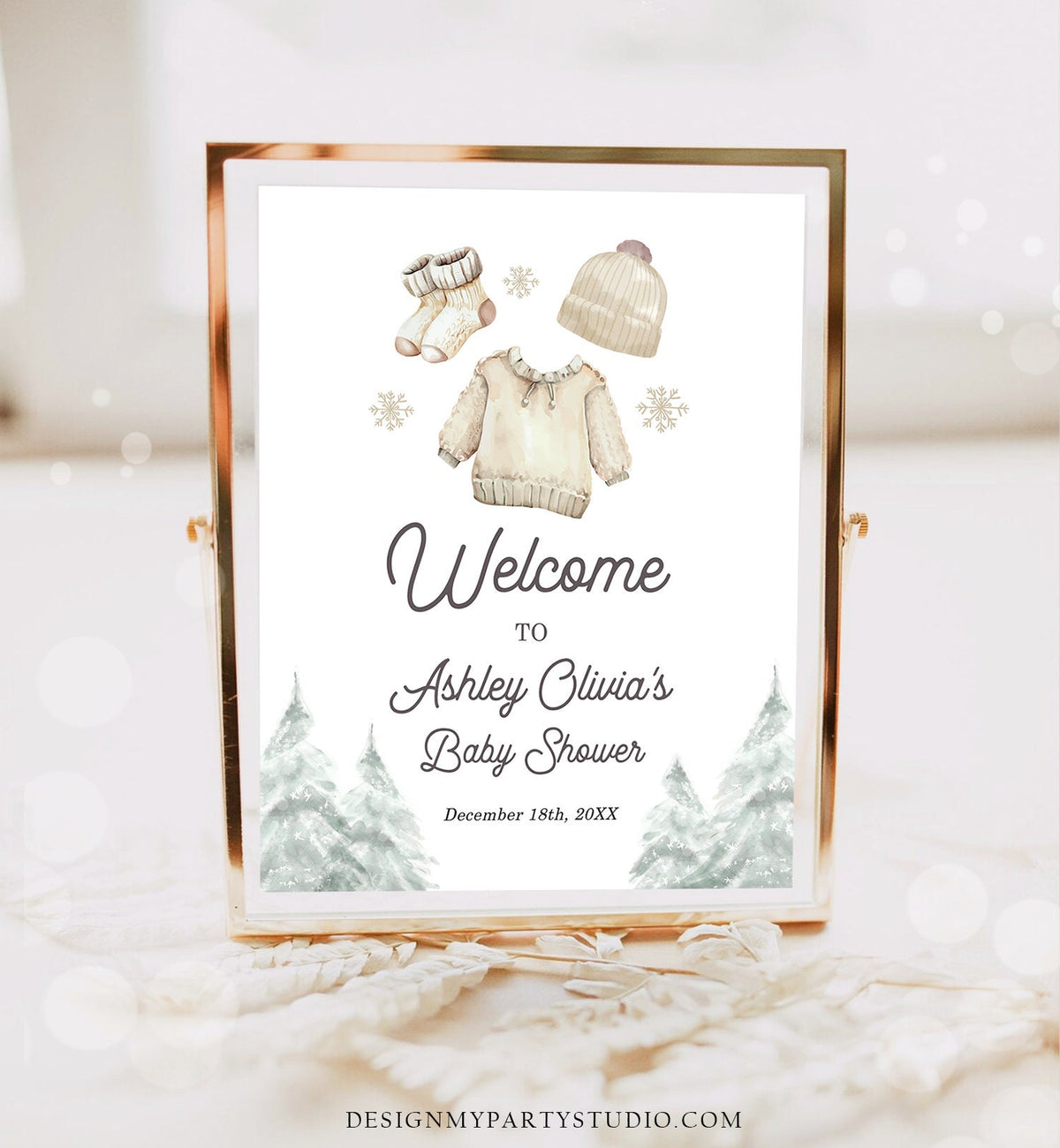 Editable Baby it&#39;s Cold Welcome Sign Watercolor Winter Baby Shower Gender Neutral Boy Snowflake Baby Clothes Digital Template Printable 0491