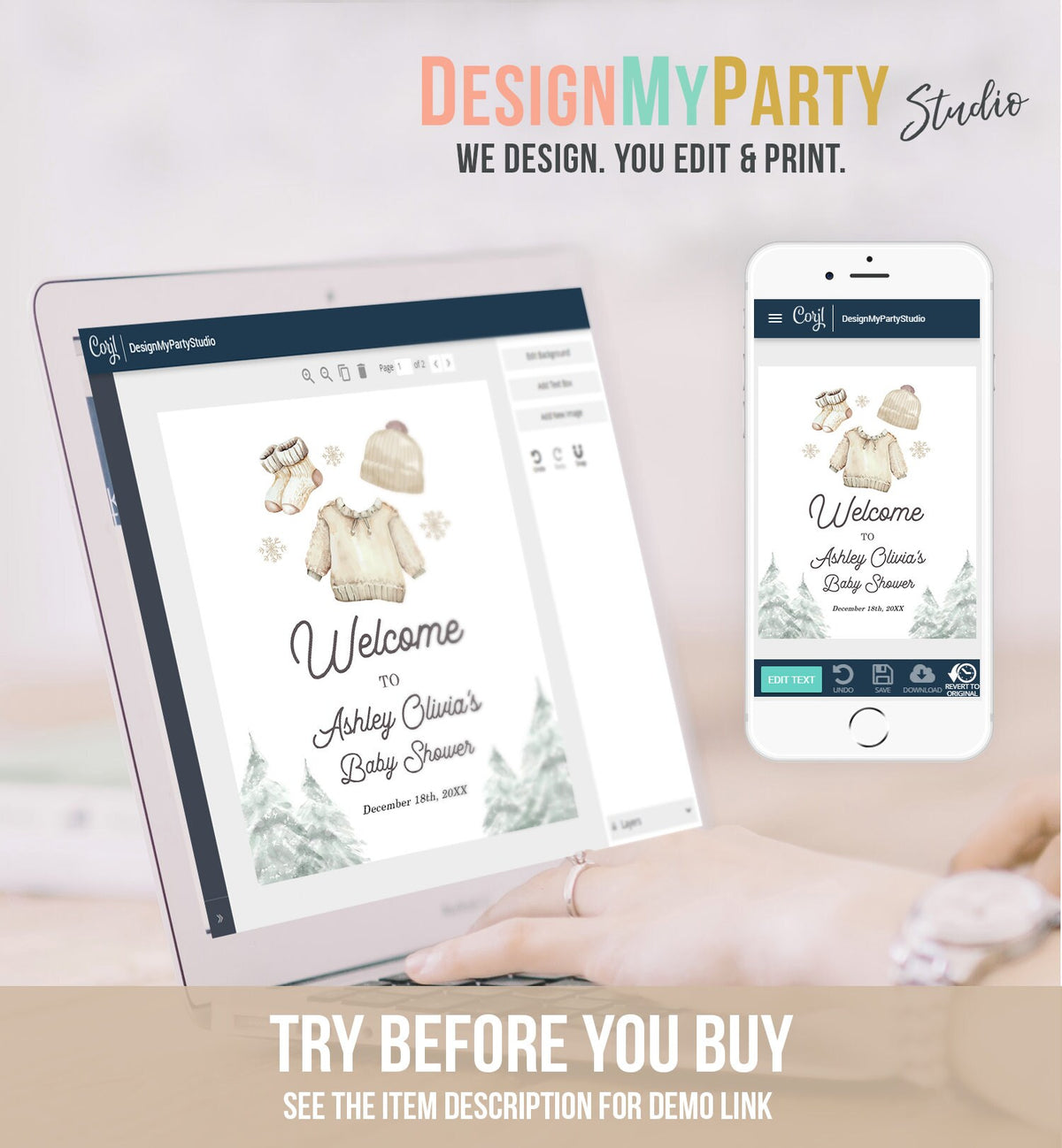 Editable Baby it&#39;s Cold Welcome Sign Watercolor Winter Baby Shower Gender Neutral Boy Snowflake Baby Clothes Digital Template Printable 0491