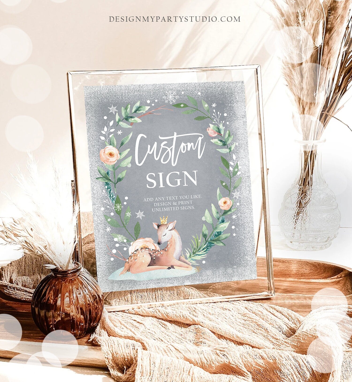 Editable Custom Sign Winter Deer First Birthday Baby Shower Sign Winter Onederland Cold Outside Pink Gold Digital Download Printable 0265