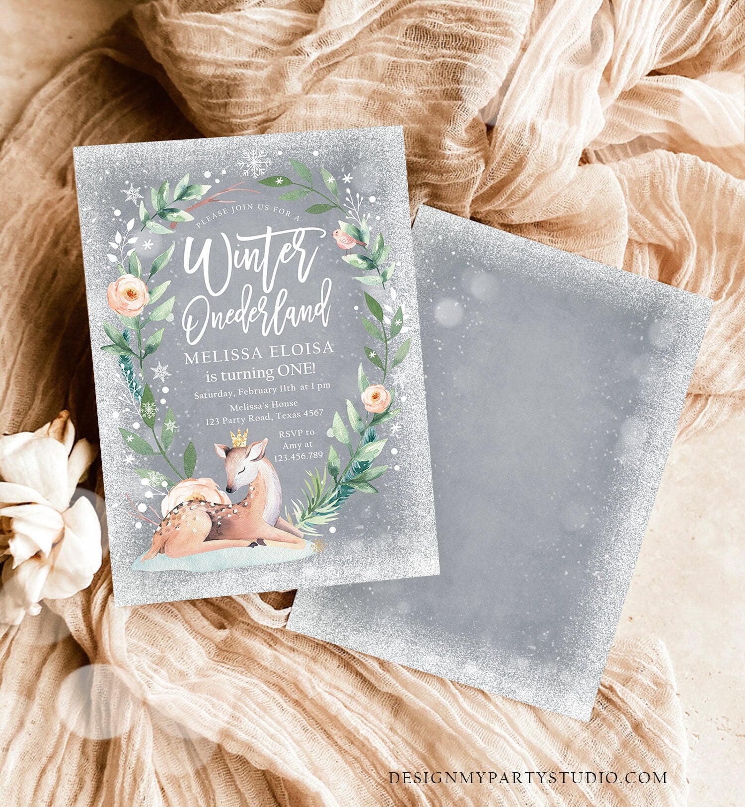 Editable Winter ONEderland Birthday Invitation Deer First Birthday Snowflakes Girl Pink Gold Foil Digital Evite Template Printable 0265