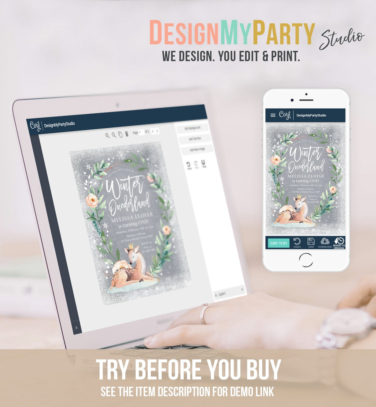 Editable Winter ONEderland Birthday Invitation Deer First Birthday Snowflakes Girl Pink Gold Foil Digital Evite Template Printable 0265