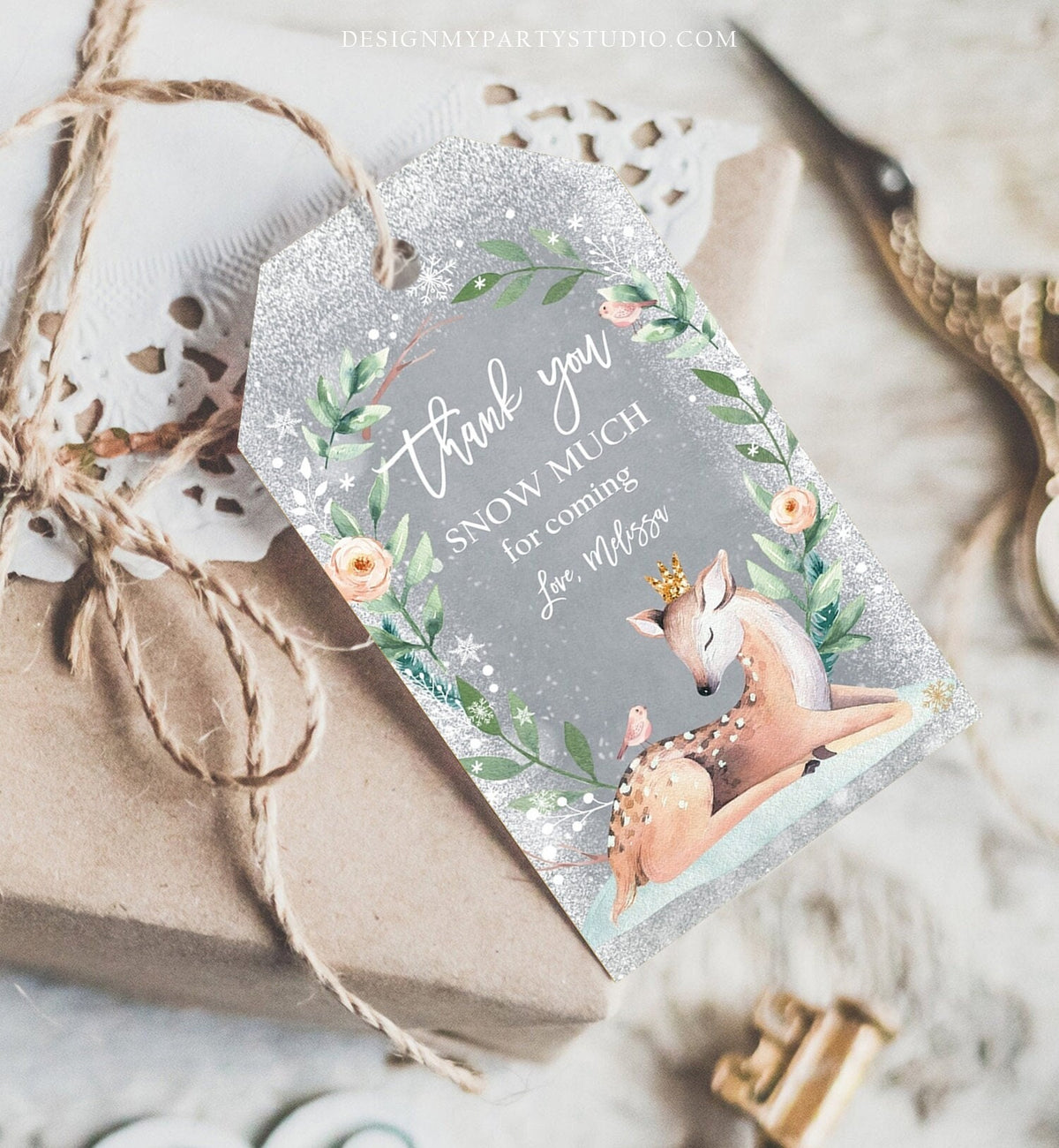 Editable Winter Birthday Favor Tags Pink Girl Snowflakes Thank You Snow much Winter Onederland Deer Shower Digital Template Printable 0265