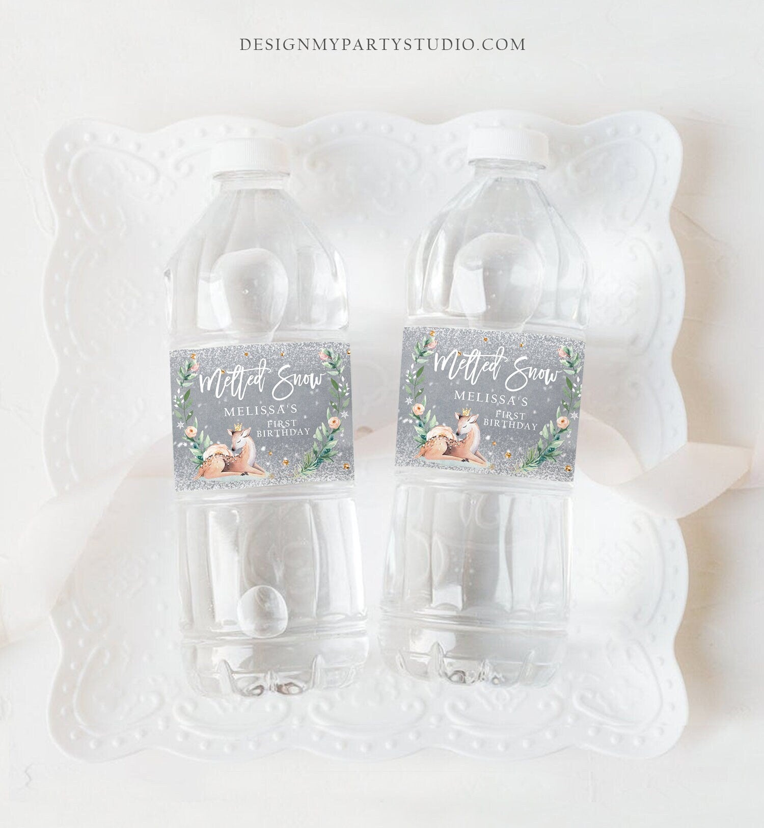 Editable Winter Deer Water Bottle Labels Winter Onederland Party Decor Girl 1st Birthday Pink Gold Christmas Digital Template Printable 0265