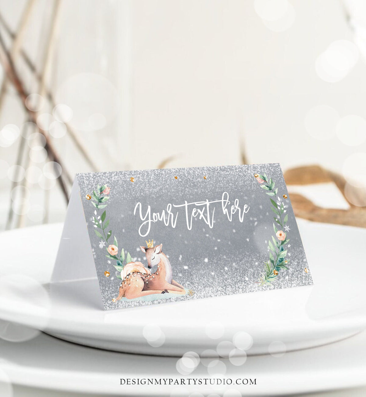 Editable Winter Deer Food Tent Label Place Card Baby It&#39;s Cold Outside Girl Birthday Baby Shower Digital Download Template Printable 0265
