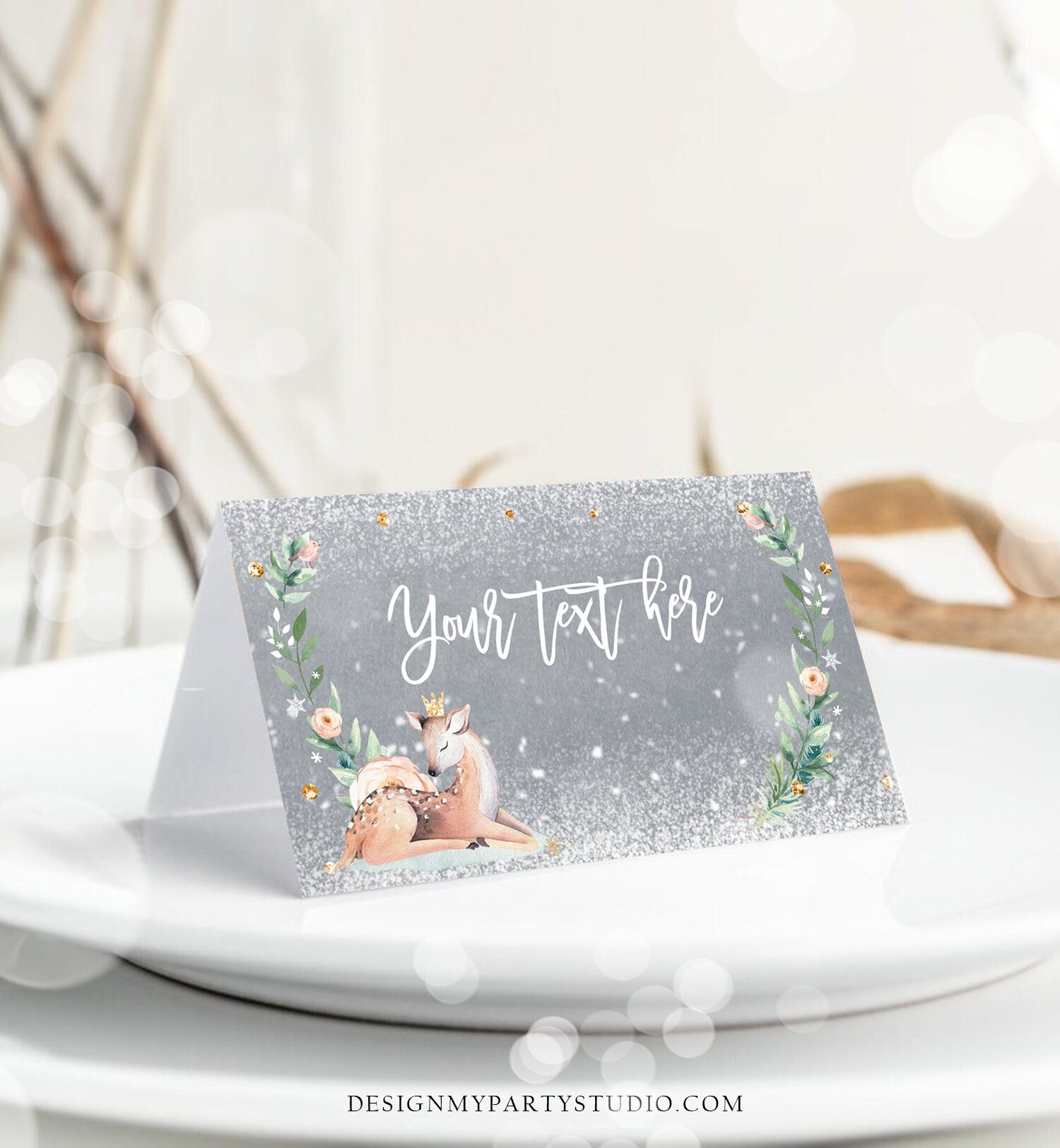 Editable Winter Deer Food Tent Label Place Card Baby It's Cold Outside Girl Birthday Baby Shower Digital Download Template Printable 0265