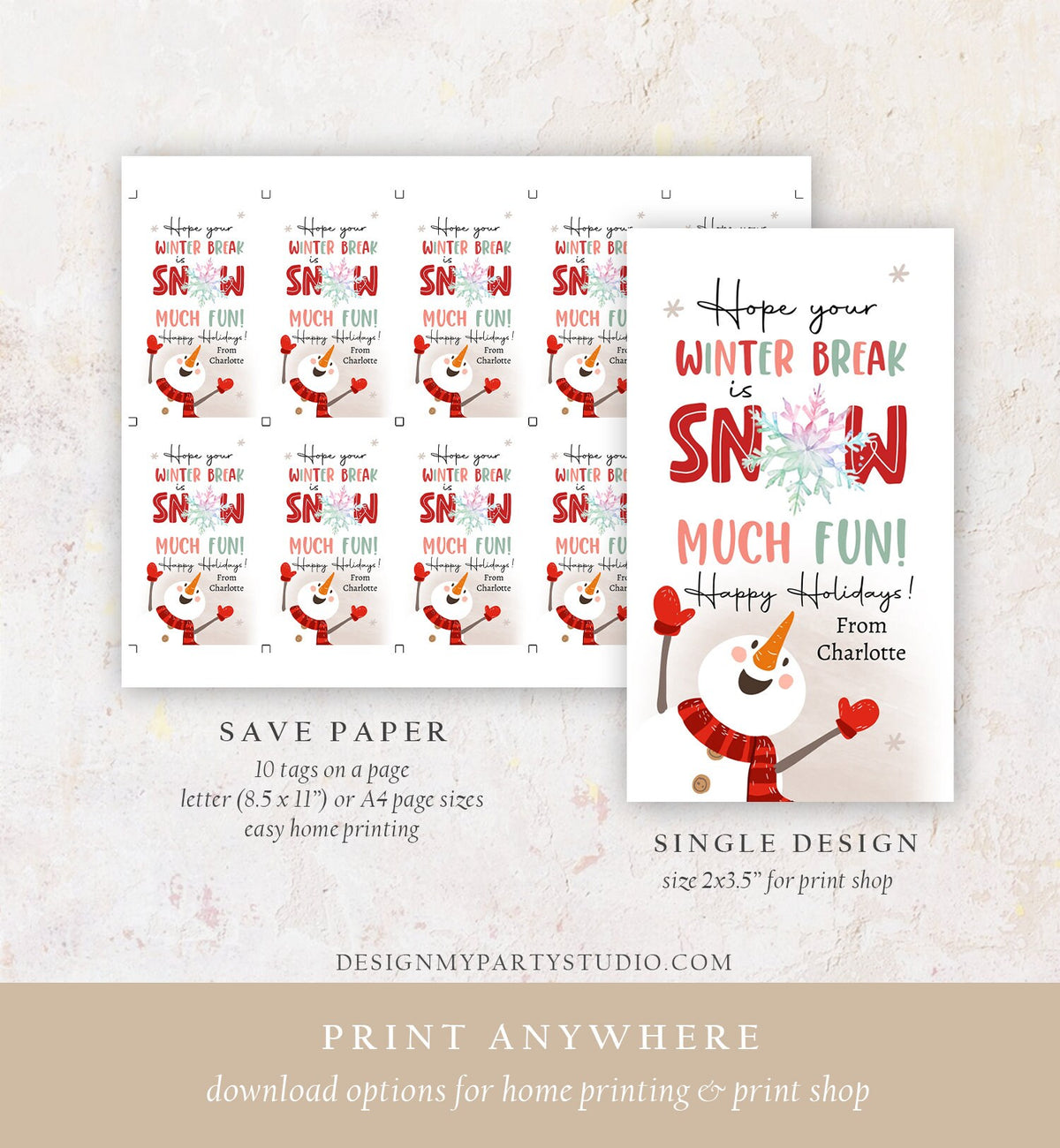 Editable Hope Your Winter Break is Snow Much Fun Favor Gift Tag Christmas Holiday Teacher Student Preschool Digital Template Printable 0443