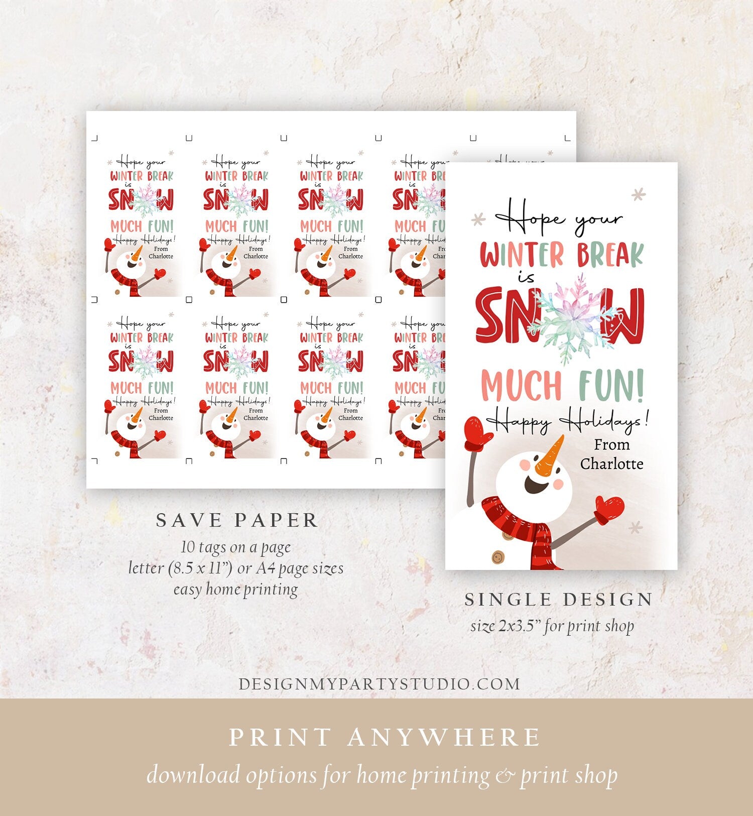 Editable Hope Your Winter Break is Snow Much Fun Favor Gift Tag Christmas Holiday Teacher Student Preschool Digital Template Printable 0443