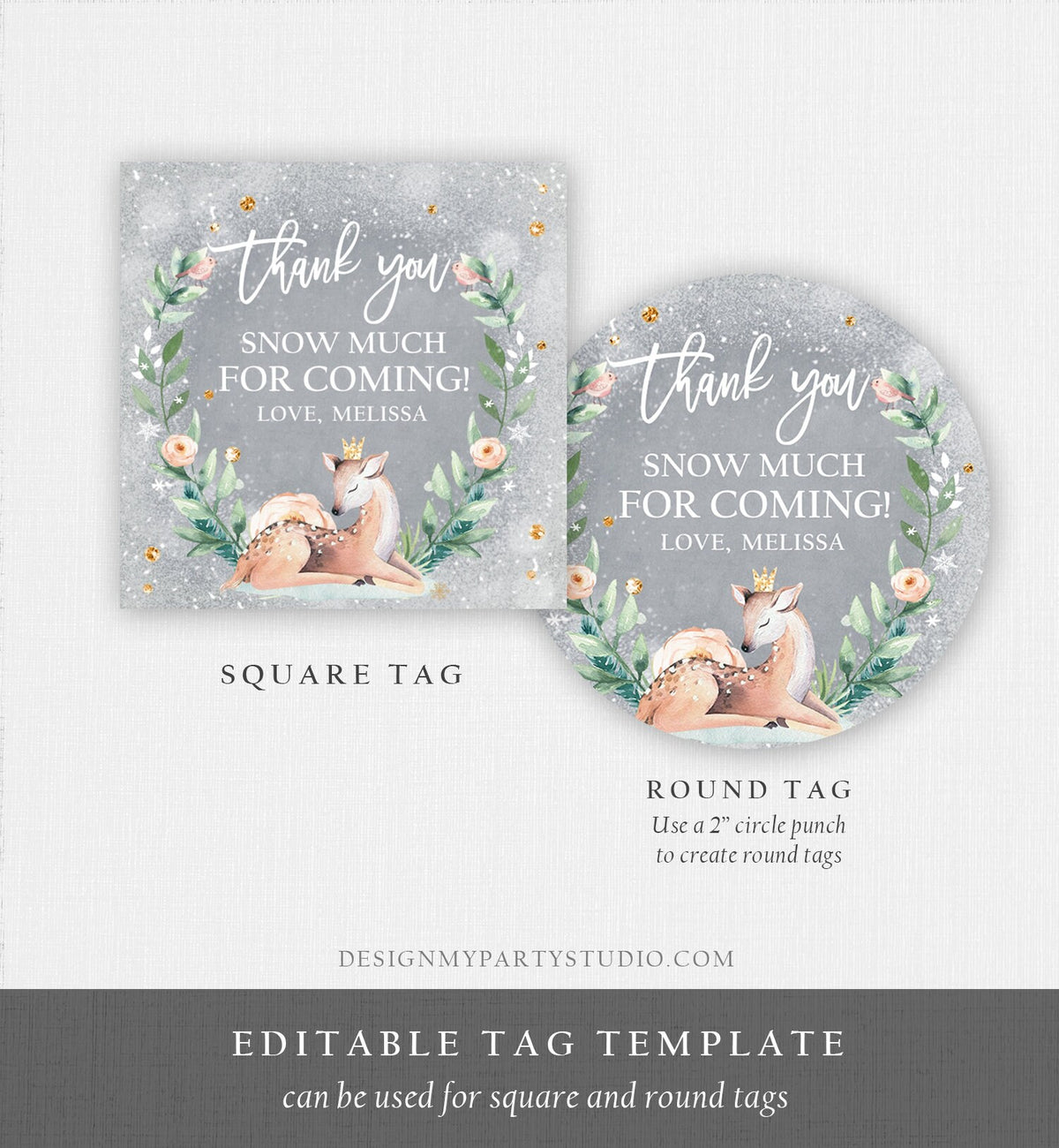 Editable Winter Deer Favor Tag Winter Onederland Birthday Snowflakes Thank You Christmas Winter Gold Girl Digital Template Printable 0265