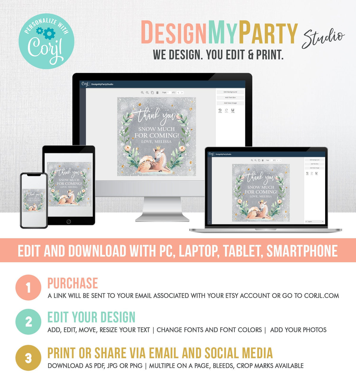 Editable Winter Deer Favor Tag Winter Onederland Birthday Snowflakes Thank You Christmas Winter Gold Girl Digital Template Printable 0265