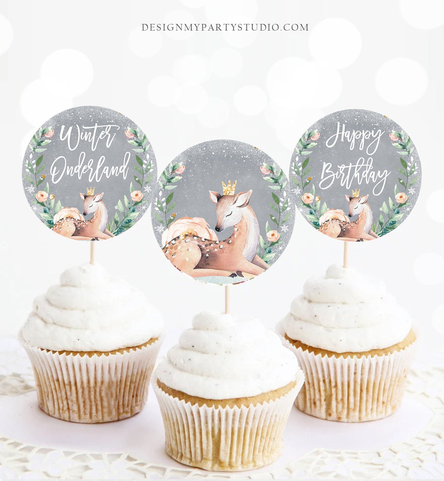 Winter Deer Cupcake Toppers Winter Onederland Birthday Party Decorations Oh What Fun Girl Pink Stickers Tags Digital Download Printable 0265