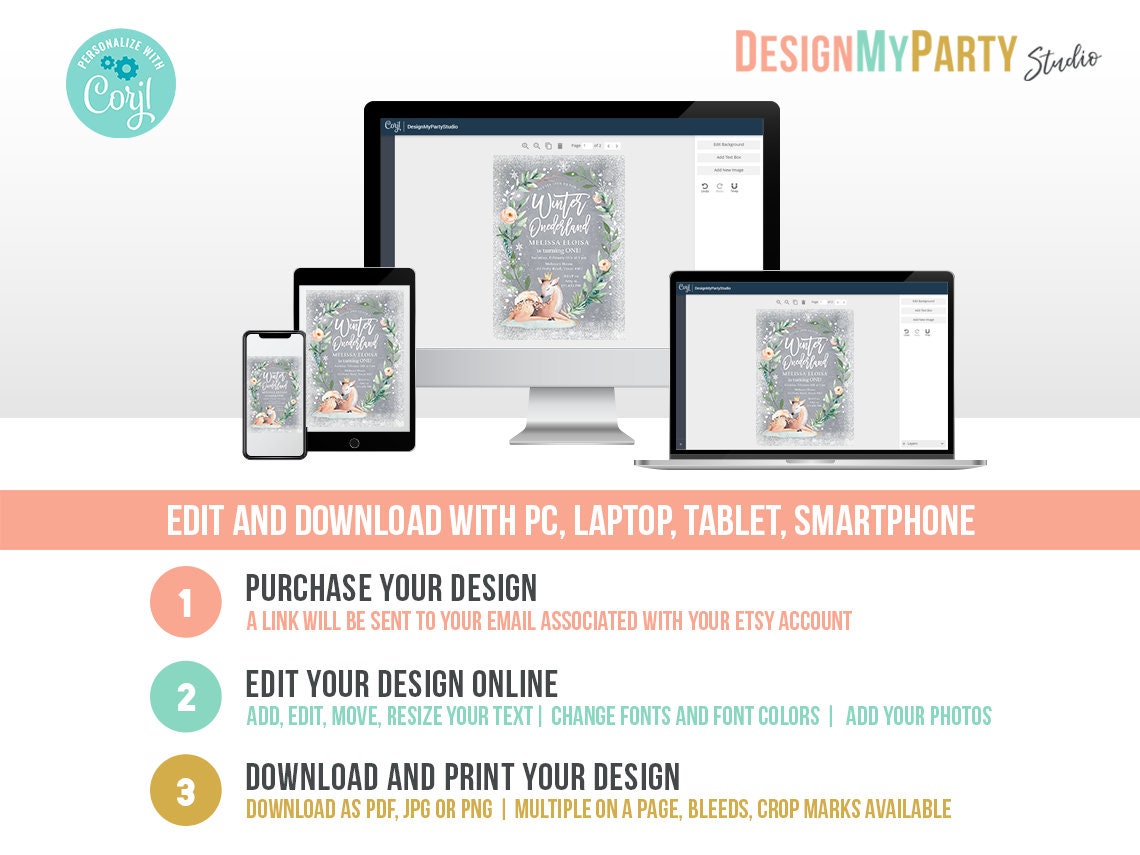 Winter Deer Birthday Bundle Winter ONEderland Girl Pink Gold 1st First Birthday Tree Snowflakes Watercolor Digital Template Printable 0265