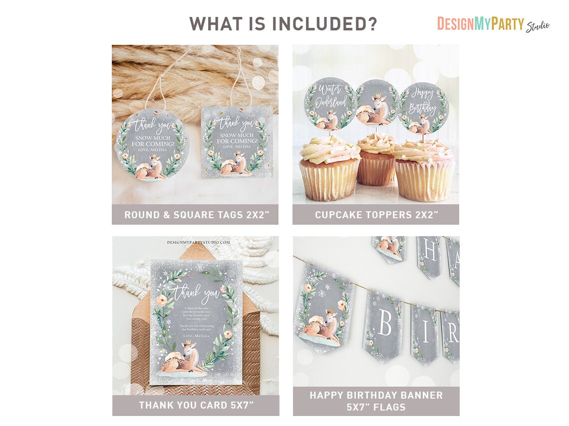 Winter Deer Birthday Bundle Winter ONEderland Girl Pink Gold 1st First Birthday Tree Snowflakes Watercolor Digital Template Printable 0265