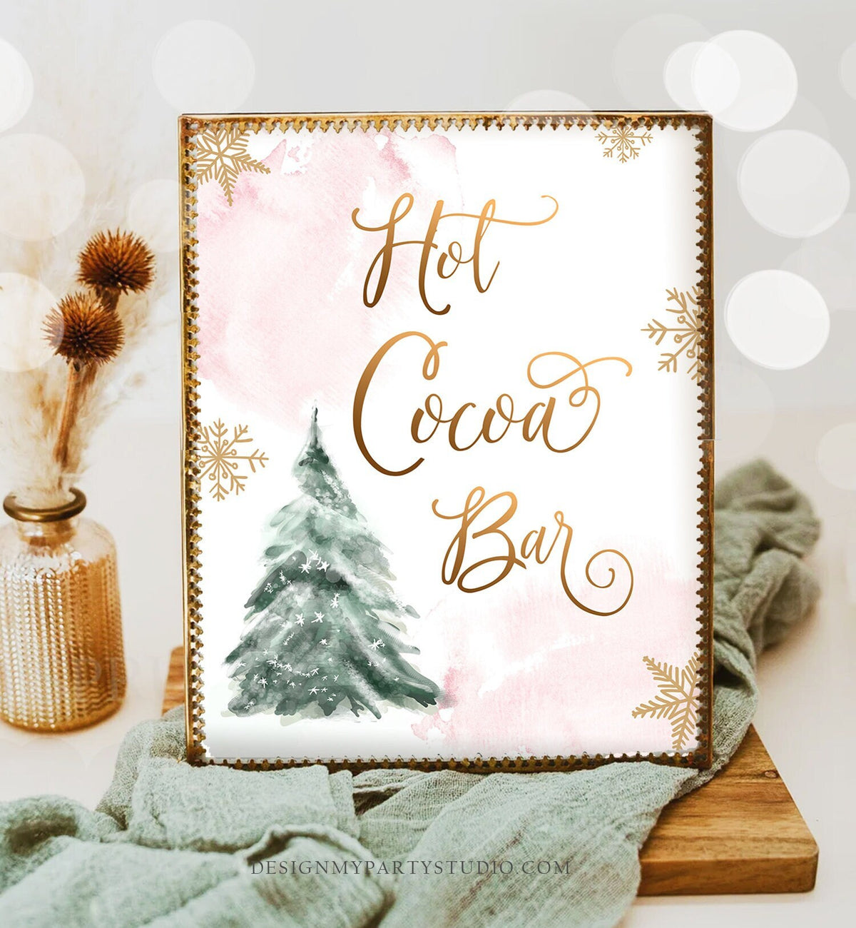 Hot Cocoa Bar Sign Winter Tree Watercolor Snow Girl Pink Birthday Baby Shower Chocolate Bar Drink Station Instant Download Printable 0363