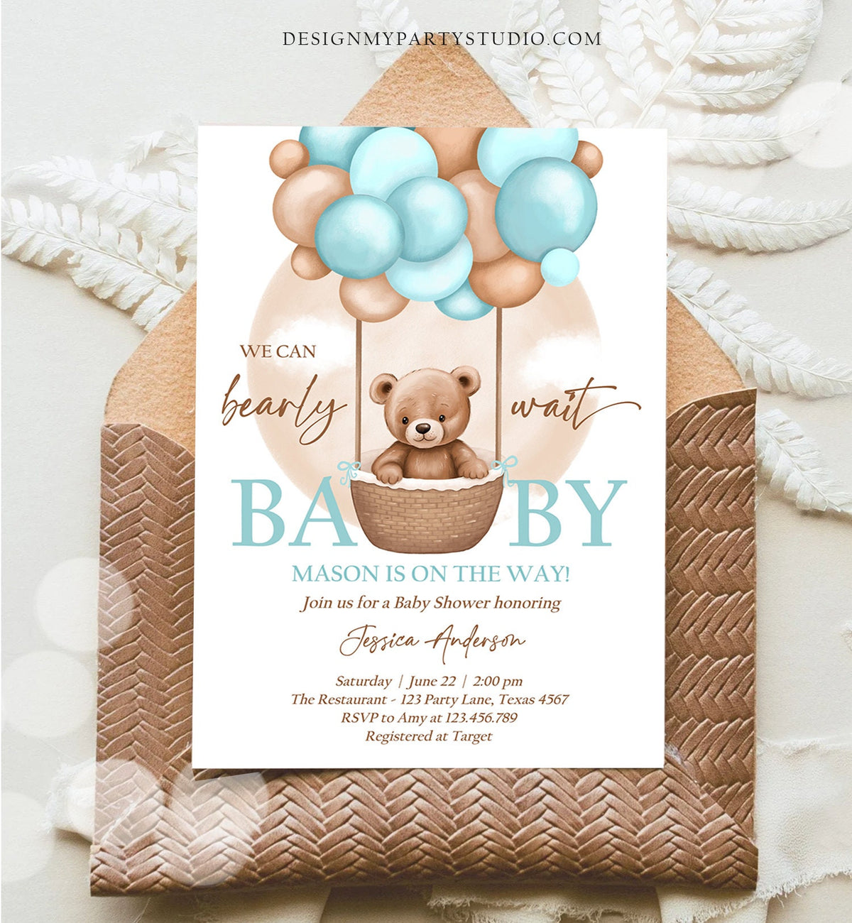 Editable Bear Balloon Baby Shower Invitation We Can Bearly Wait Baby Shower Invite Teddy Bear Brown Boho Boy Blue Download Printable 0498